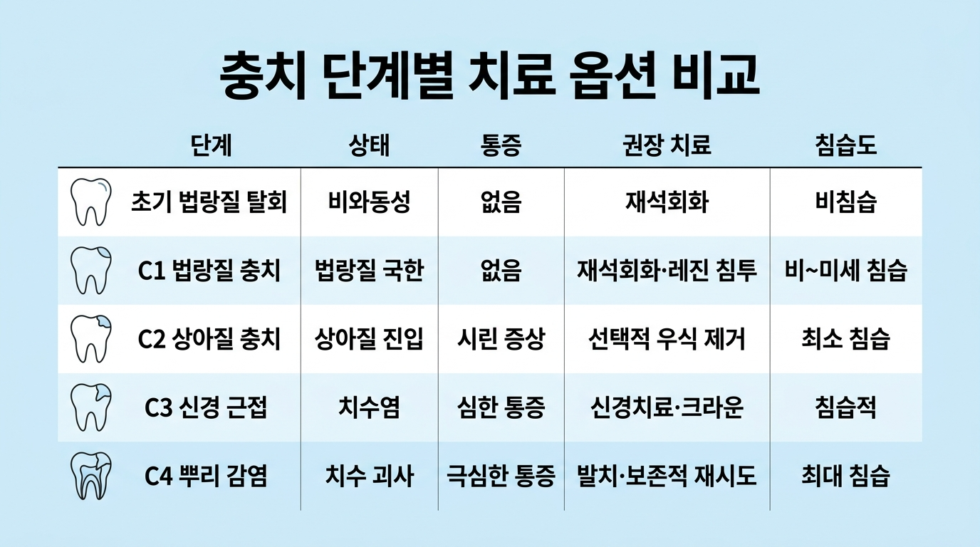 충치의 진행 단계별 치료